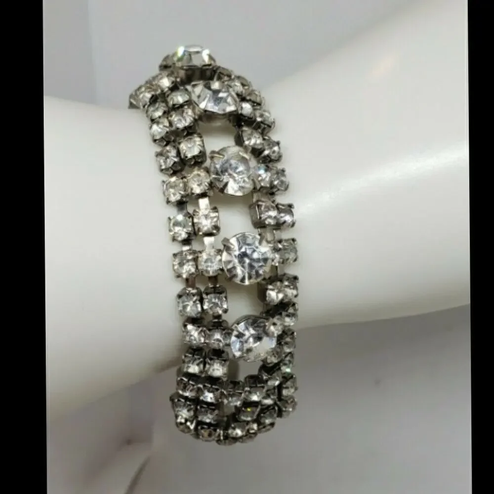 Vintage Bracelet Clear Rhinestone Chunky Wide Wedding Jewelry Juliana